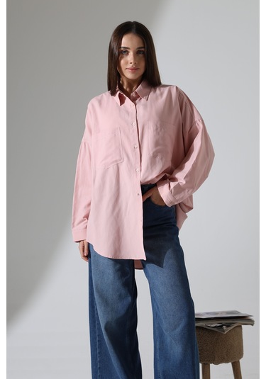 Yeni Sezon Poplin Kumaş Çift Cepli Oversize Pamuklu Kadın Tunik Gömlek Açık Pembe