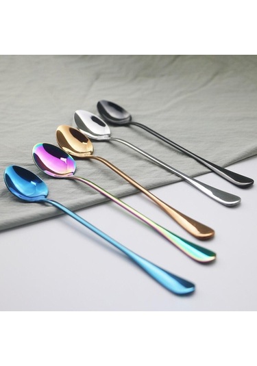 6 Adet Altın Çatal Bıçak Kaşık Seti Paslanmaz Çelik Uzun Saplı Kaşık Gümüş Tatlı Dondurma Kahve Kaşığı Karıştırma Çay Kaşığı Yemek Takımı Altın