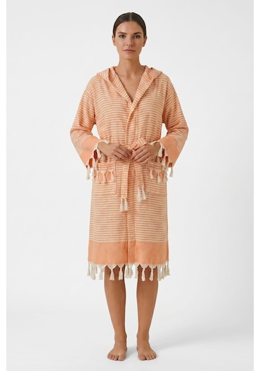Kapşonlu Unisex Peştemal Plaj Bornozu %100 Pamuklu Seaside Stripe Turuncu