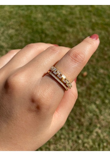 İki Sıra Taşlı Gold Kadın Zarif Yüzük Sevgiliye Hediye Altın