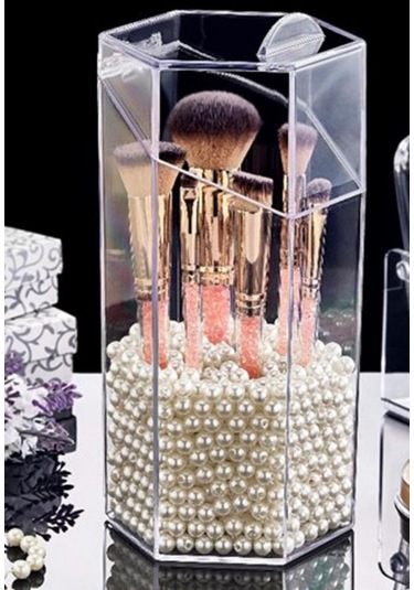 Flosoft Altıgen Fırçalık, Kapaklı Fırça Düzenleyici, Makyaj Kozmetik Takı Organizer Şeffaf