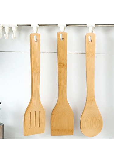 Hombey Ev Ve Restoran Kullanıma Uygun Uzun Saplı Dayanıklı Bambu Mutfak Kaşığı - Kavurma, Sote Ve Servis İçin 30x6cm Eğimli