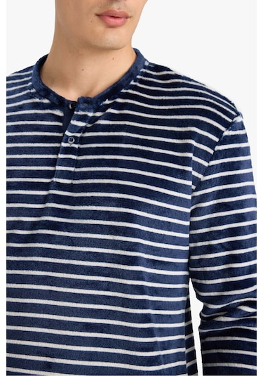 Defacto Pijama Takımı Regular Fit Çizgili Uzun Kollu Üst Welsoft Pelüş Uzun Alt A3443ax25wnnv135 Lacivert