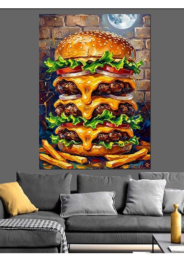 Ay Işığı Altında Devasa Katlı Hamburger Dekoratif Kanvas - Mdf Ahşap Tablo