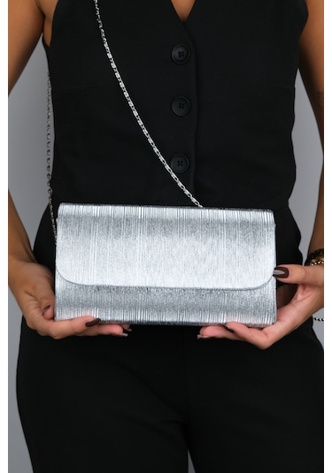 Ago Gümüş Çizgili Kadın Abiye Çanta Çok Renkli