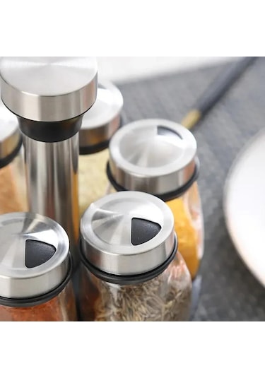 Kompakt Cam Ve Paslanmaz Çelik Baharat Kavanozu Seti Döner Raflı - Düzenli Mutfak Depolama İçin 7 Kavanoz Beyaz