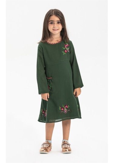 Uzun Kol Şile Bezi Burçak Çocuk Elbise Yeşil
