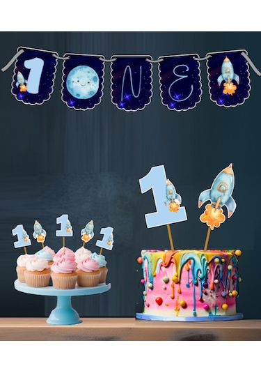 Uzay Temalı 3 Lü Set One 1 Yaş Doğum Günü Süsü