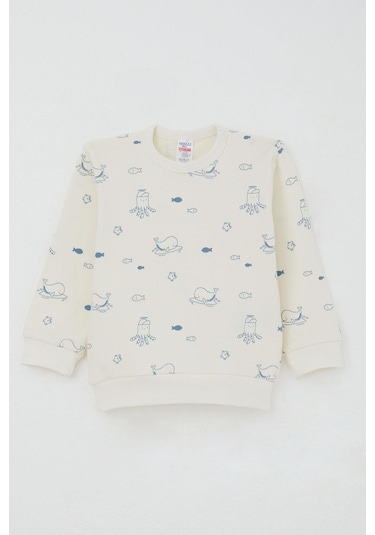 Breeze Erkek Bebek Pijama Takımı Omuzdan Patlı Sevimli Deniz Hayvanları Desenli 4 Ay-1 Yaş, Krem Krem