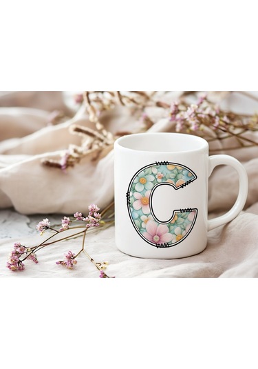 C Harfli Pastel Çiçek Desenli Kahve Kupası - Kişiye Özel Çiçekler Koleksiyonu Bardak - Hediye Beyaz