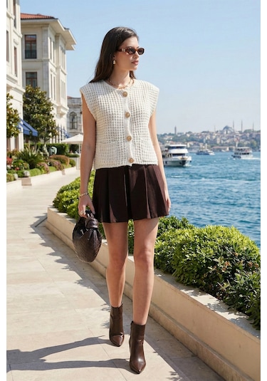 Lela Premium Oversize Fit Bisiklet Yaka Düğmeli Örgü Bayan Yelek 680Yl1416 Taş