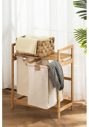 Digithome Bambu 2 Bölmeli Kirli Sepetli Çamaşır Sepeti Raflı Banyo Düzenleyici Db-0007 Ahşap