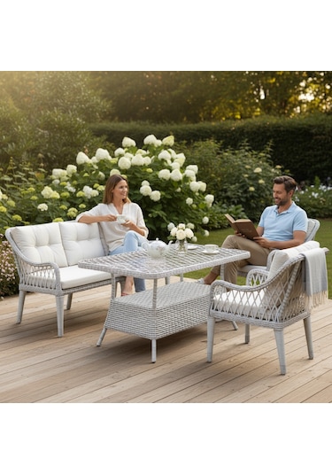 Kaş 3+1+1+masa Rattan Bahçe Balkon Mobilyası Açık Krem