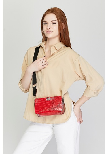 Morpelikan Kırmızı Kroko İki Bölmeli Kadın Omuz Çantası Kırmızı