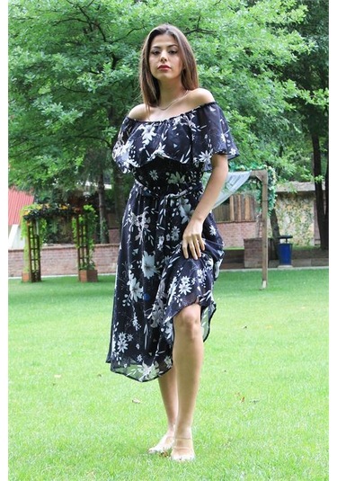 Neşeli Butik Kadın Siyah Kuşaklı Çiçekli Yazlık Şifon Elbise Nb100371 Siyah