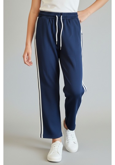 Yanları Çift Şeritli Kız Çocuk Eşofman Altı Lacivert