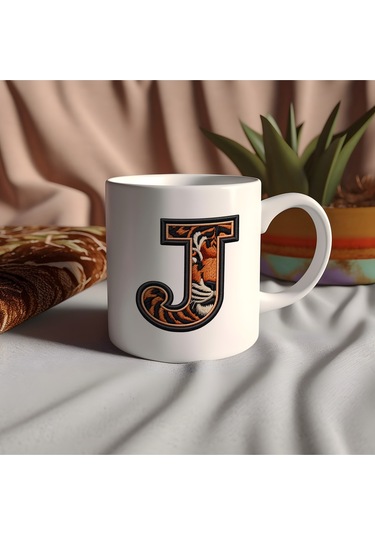 J Harfi Kaplan Figürlü Nakış Desenli Kupa Bardak - Kişiye Özel Vahşi Hayvan Desenli Kupa - Hediye Beyaz