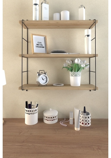 Eva Metal Tasarim Modern Büyük Boy 3 Katlı Duvar Rafı Çam Desenli