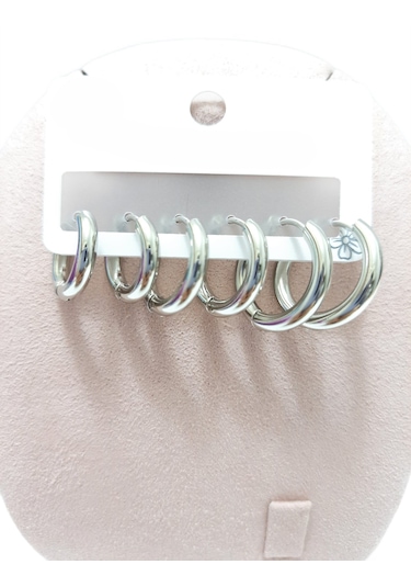 Çelik Küpe 3'lü Sade Yuvarlak Halka Model Küpe 2 Mm Kalınlık Gümüş Silver Gümüş