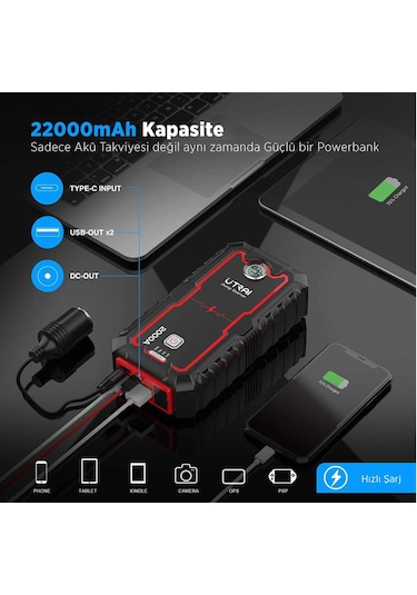 Utrai Jstar One 22000 mAh 2000A Jump Starter Taşınabilir Akü Takviye Cihazı + Çanta + Pusula + Powerbank + Led Lamba