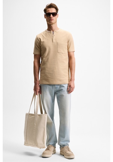 ERMAC Erkek Hakim Yaka Düğmeli Kısa Kol Bej T-Shirt