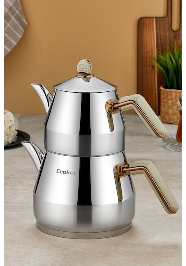 Everest 18/10 Paslanmaz Çelik Orta Boy Çaydanlık 0,75 L Demlik 1,75 L Alt Hazne Krem