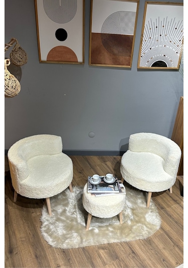 Elegant Comfort Çay Seti Ve Peluş Ikili Berjer & Puf Takımı - 3'lü Set