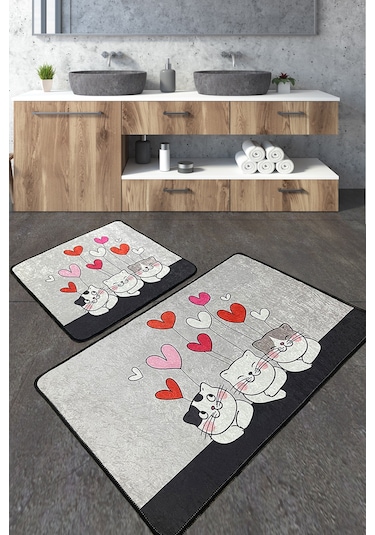Kitten Banyo Halısı Djt 2 Li Set Banyo Halısı Paspas Kaymaz Taban Yıkanabilir Çok Renkli