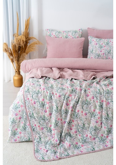 Cherie Çift Kişilik Nevresimli Pike Takımı - 7 Parça Çeyiz Seti Pembe