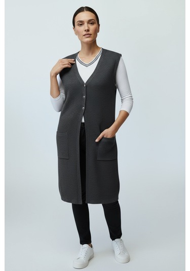 Kadın Önü 3 Düğmeli Üstten Cepli Uzun Yelek Koyu Gri