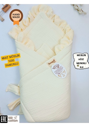 Ekru 4 Kat Müslin Bebek Battaniyesi %100 Pamuklu Doğal Organik Uyku Kundağı Hastane Çıkışı Yenidoğan Ekru