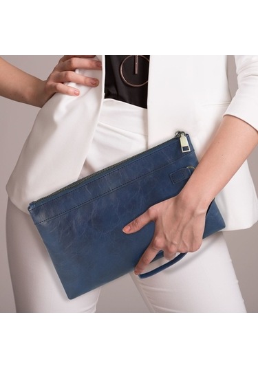 Shidai888 Retro Deri Debriyaj Fermuarlı Zarf Çanta Koyu Mavi