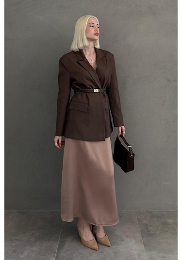 Madmext Kahverengi Oversize Blazer Kadın Ceket Mg2445 Kahverengi