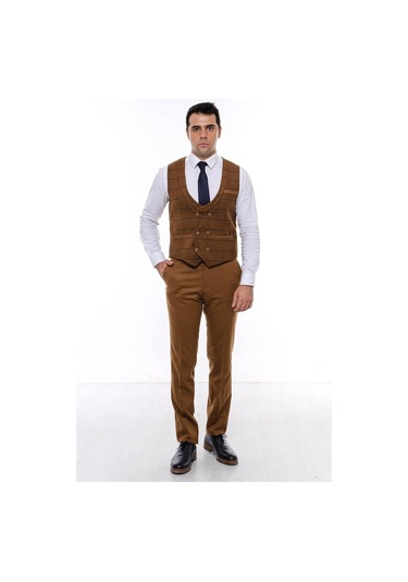 Kareli Desenli Kruvaze Kahverengi Erkek Yelek 001