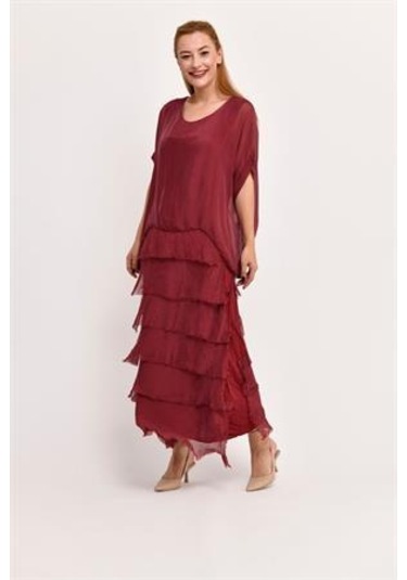 İtalyan 2 Beden Ince Gösteren Yarım Kol Kat Kat Ipek Elbise-8794 Bordo