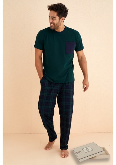 Kutulu- Premium Pamuklu Kısa Kollu Erkek Pijama Takımı- Ekose Babalar Günü Hediyesi Yesil