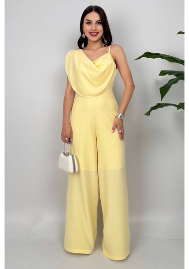 Élan Kadın Drapeli Detaylı Sarı Tulum Dokulu Kumaş Şıklığı Sarı