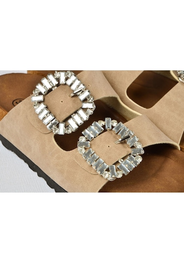 Kız Çocuk Mantar Tabanlı Çift Tokalı Ortopedik Birkeen Arizona Taşlı Terlik Bej