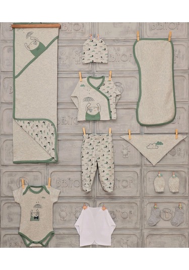 Bebitof Minilamb Şemsyeli Ayıcık 10'Lu Zıbın Set 17023 Yeşil Çok Renkli