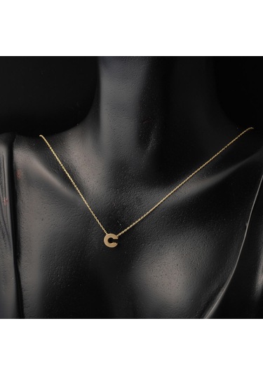 C Harfi Taşsız Minimal Harf Altın Kolye 14 Ayar