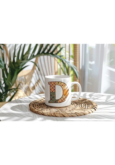 D Harfi Sonbahar Kış Temalı Yamalı Tasarım Kupa Bardak - Etnik Ve Pathwork Severlere Özel Hediye Beyaz