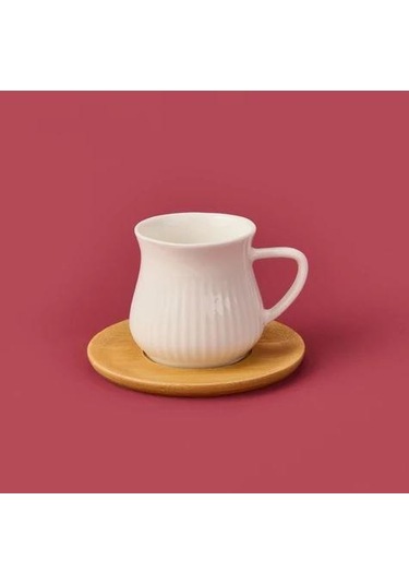 Mien-23403 Bambu Tabaklı 6lı Kahve Fincan Takımı Ahşap - Beyaz