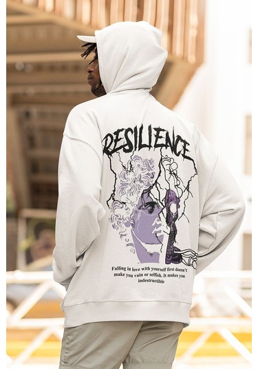 Sevbano Resilience Baskılı Unisex Oversize Tasarım Hoodie Beyaz