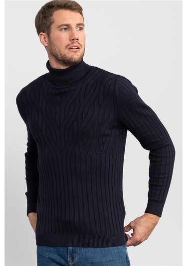 Tudors Slim Fit Dar Kesim Tam Balıkçı Yaka Saç Örgü Desenli Erkek Kazak-20004 Lacivert