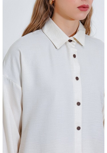 Bigdart Kadın Ekru Oversize Keten Alt Üst Takım 6622 001