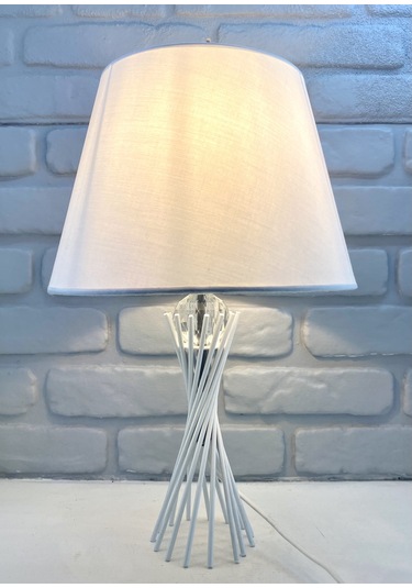 Beyaz Burgu Metal Ayaklı Kristal Cam Toplu Kumaş Şapkalı Abajur Beyaz