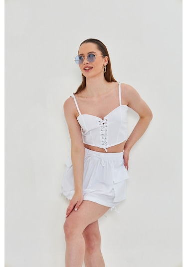 Kutaf Günlük Yazlık Crop Top Ve Şort Etek Takımı - Rahat & Şık Beyaz