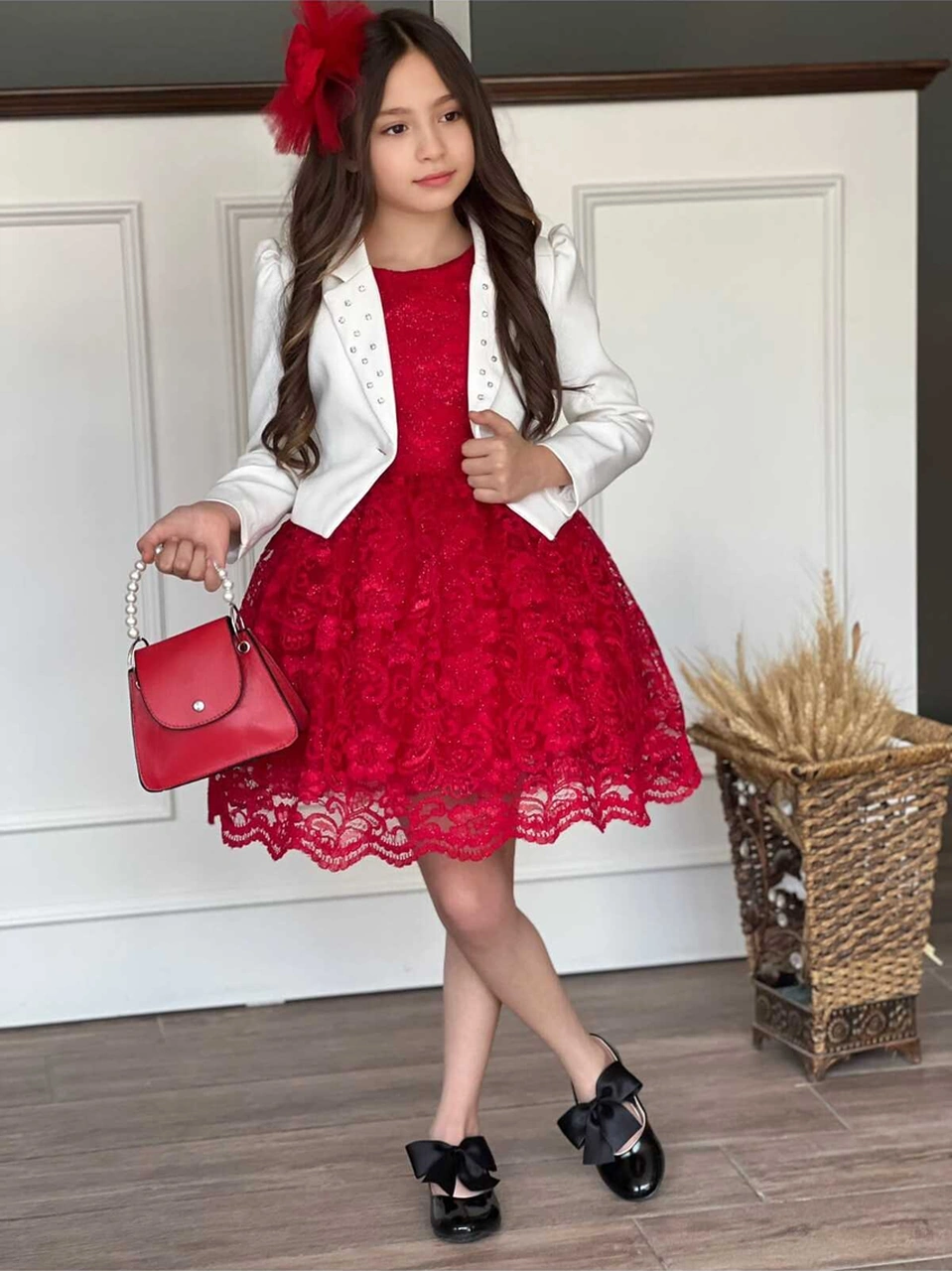 Uğur Böceği Çocuk Kız Çocuk 4'lü Şık Abiye Takım Elbise Ceket Çanta Toka Kırmızı