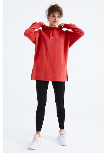 Tommy Life Fiesta Reglan Kol Basic Kapüşonlu Oversize Sweatshirt Tunik - 97242 Kırmızı