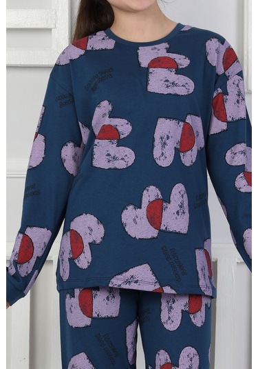Tangled Hearts Desenli Kız Çocuk Pijama Takımı 8-13 Lacıvert